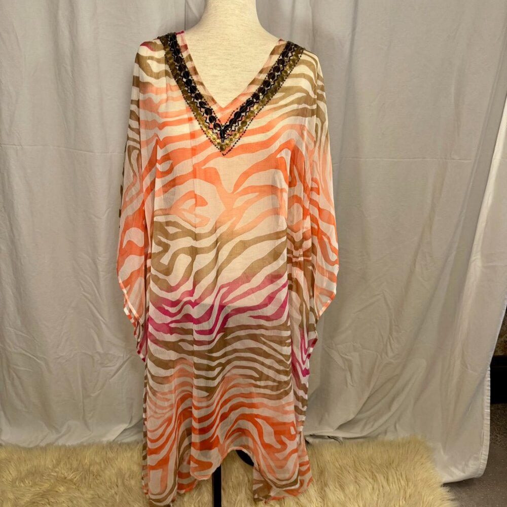 Nordstrom Brazen Rainbow Zebra Swim Caftan Coverup with Metallic Accents